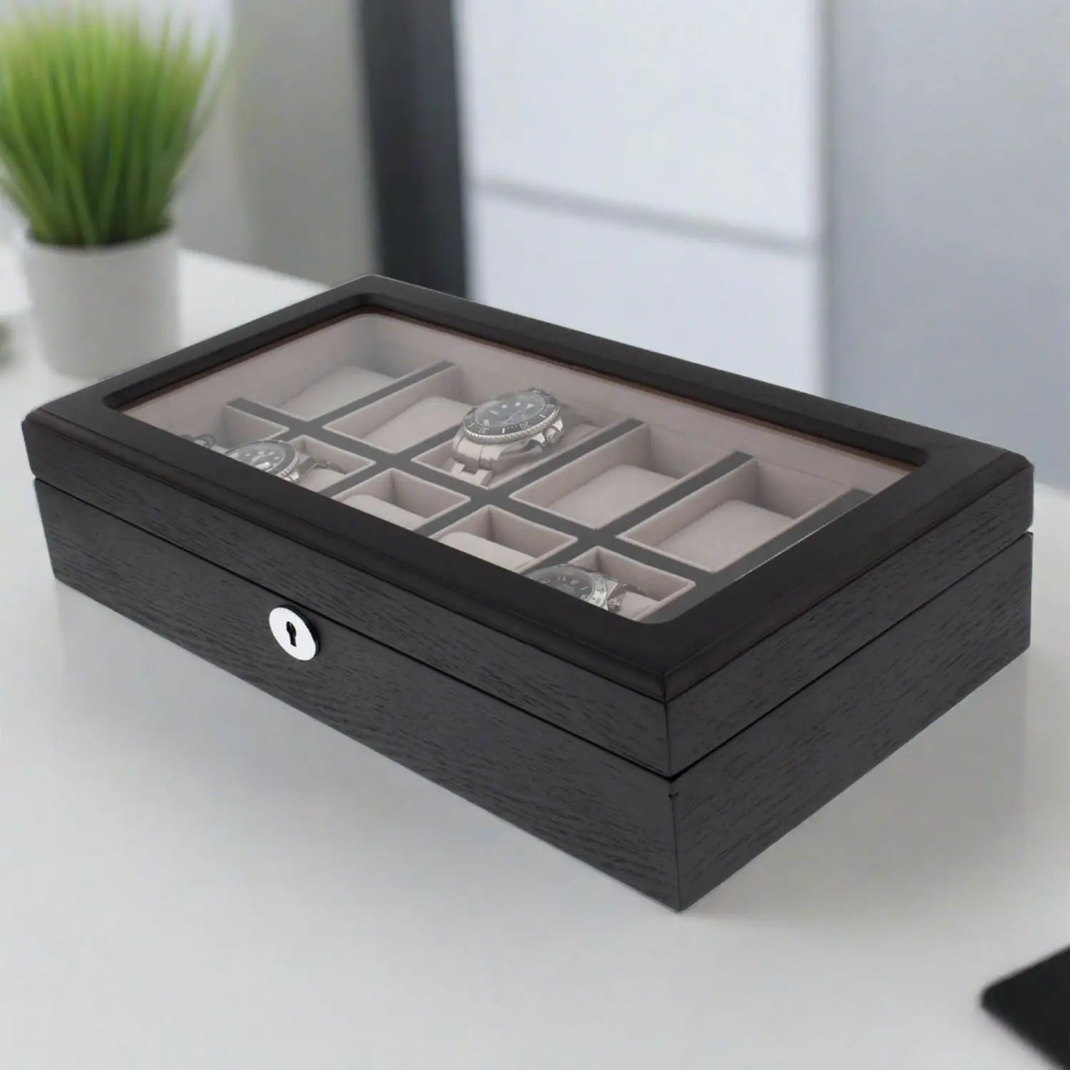 12 Watch Box Premium Black Oak Veneer Perfect for Luxury Watches