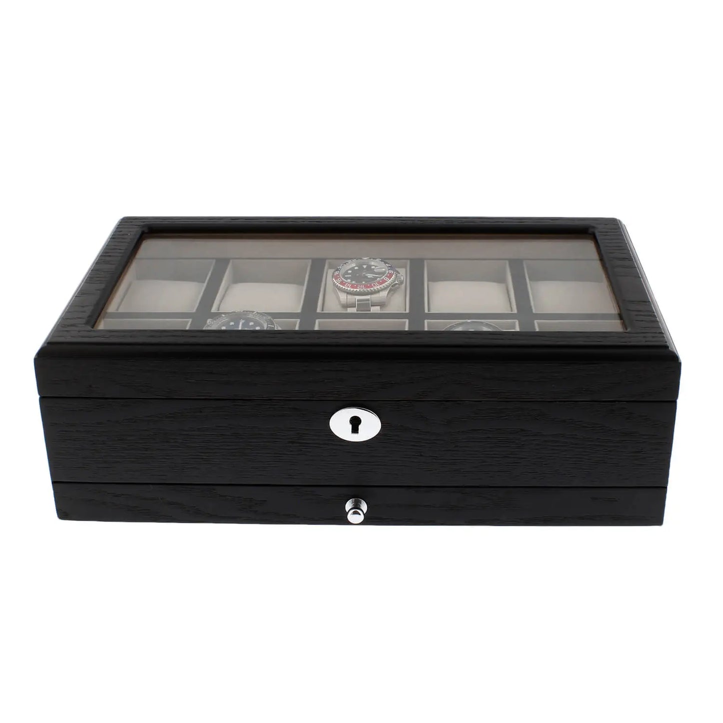 Black Oak Veneer 10 Watch Box with Extra Storage Drawer Premium Quality