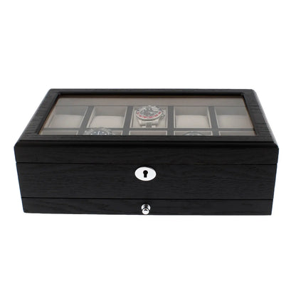 Black Oak Veneer 10 Watch Box with Extra Storage Drawer Premium Quality