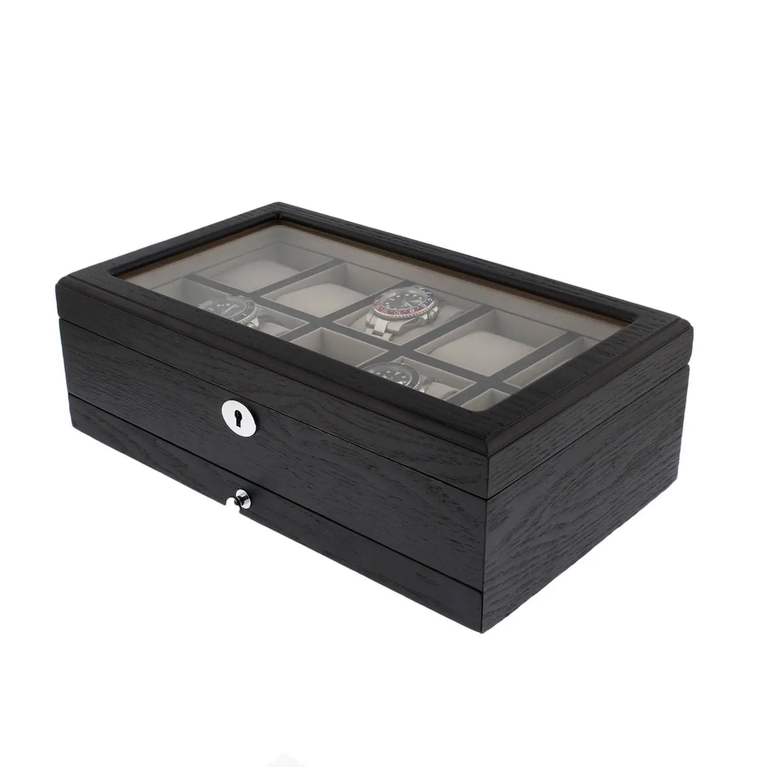 Black Oak Veneer 10 Watch Box with Extra Storage Drawer Premium Quality