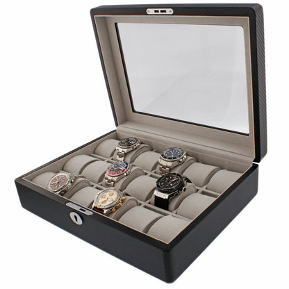 Carbon Fibre Leather Watch Box Premium Quality 18 Watches by Tempus