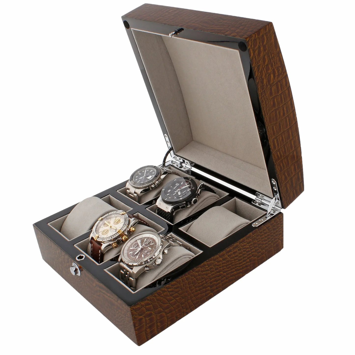 Premium 6 Watch Box in Brown High Gloss Lacquered Crocodile Print Finish