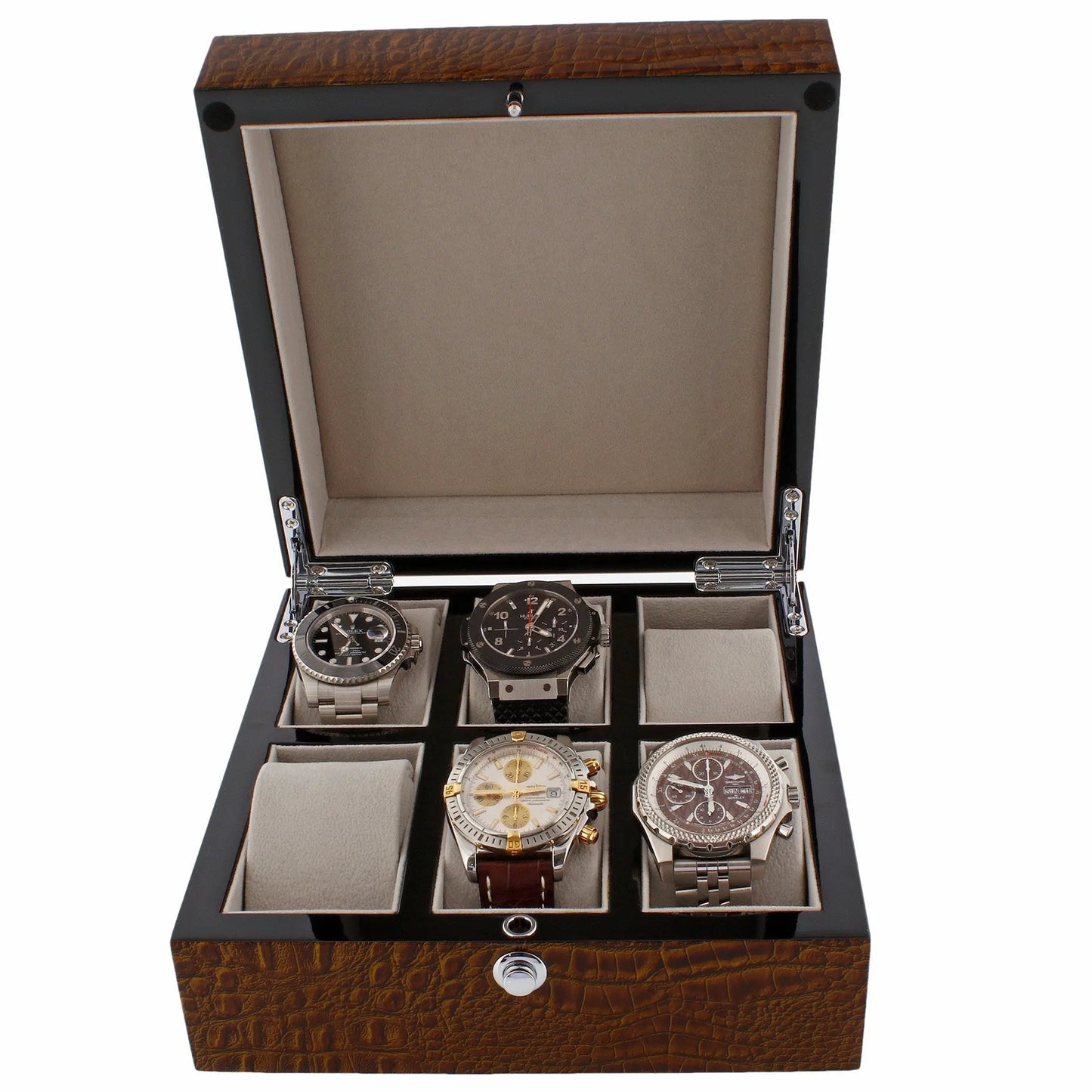 Premium 6 Watch Box in Brown High Gloss Lacquered Crocodile Print Finish