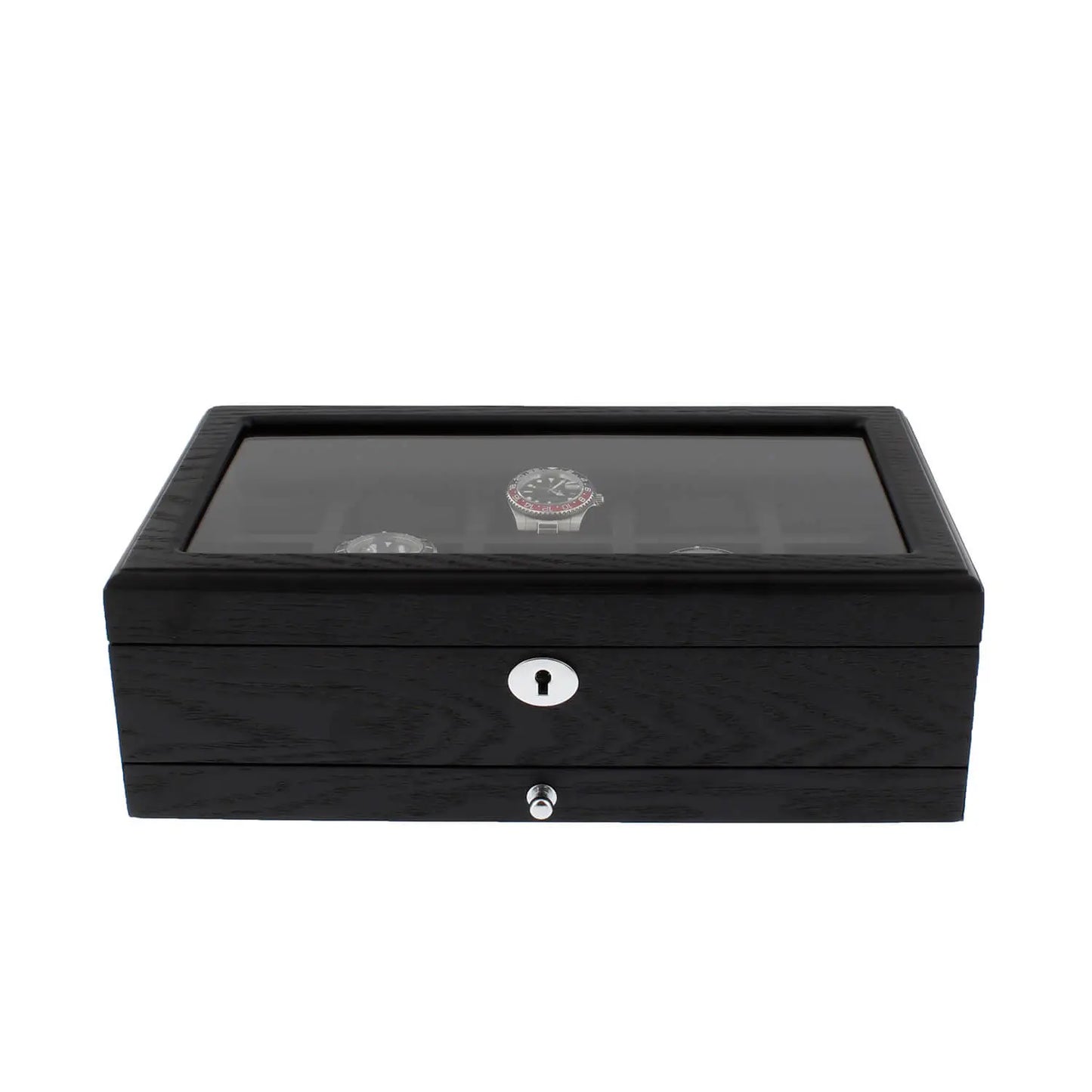 Premium Black Oak Veneer Watch Box for 10 Watches Extra Storage Drawer