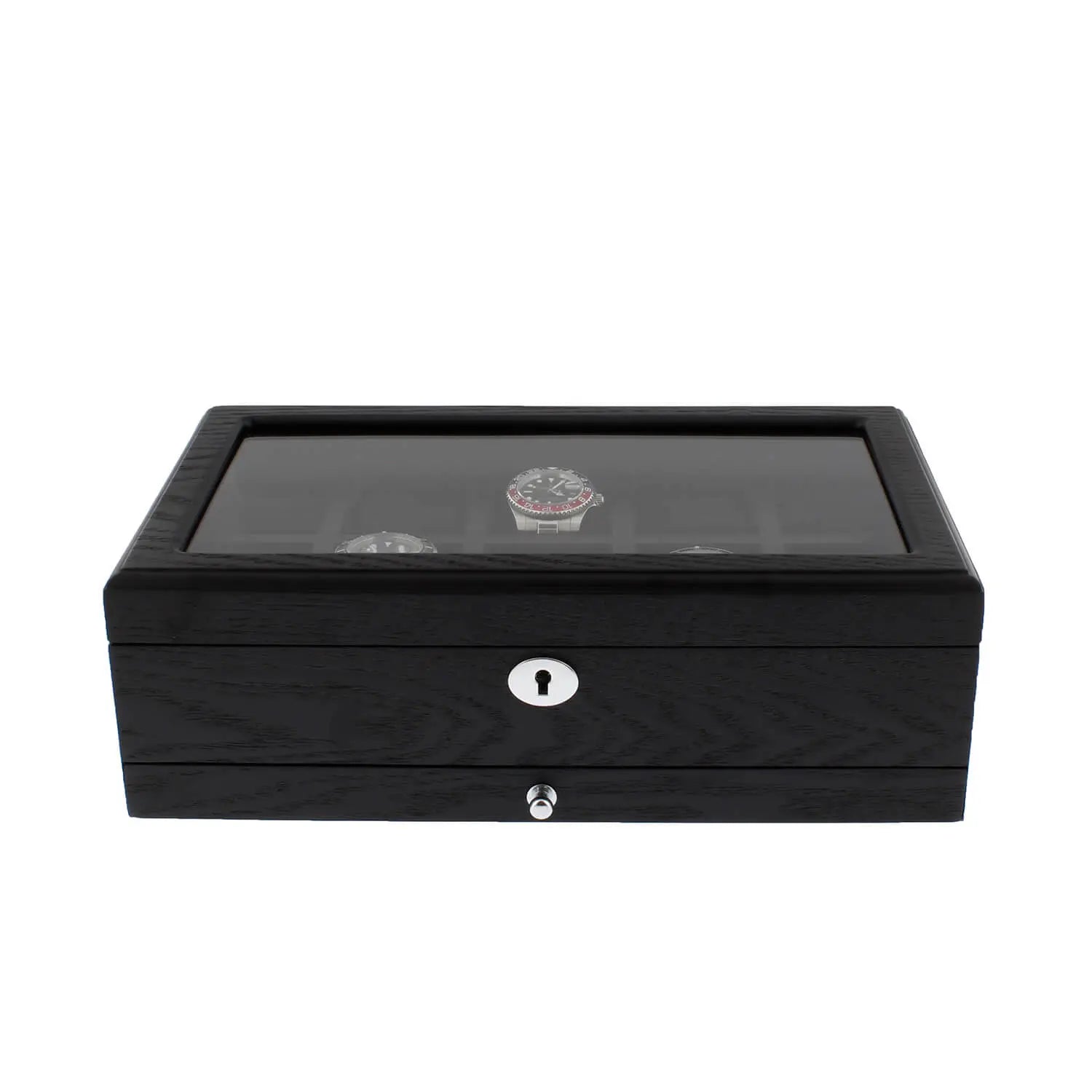 Premium Black Oak Veneer Watch Box for 10 Watches Extra Storage Drawer