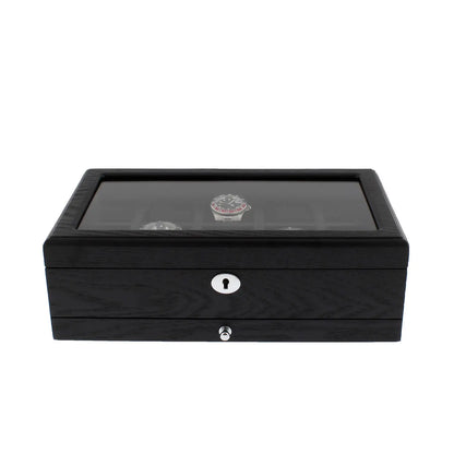 Premium Black Oak Veneer Watch Box for 10 Watches Extra Storage Drawer