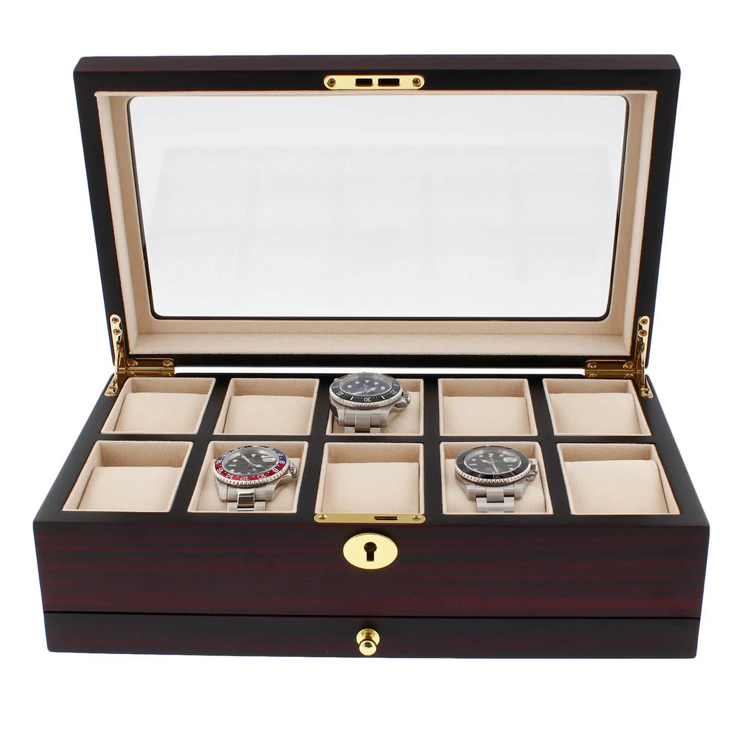 Premium Cherry Wood Satin Finish Watch Box for 10 Watches Extra Storage Drawer