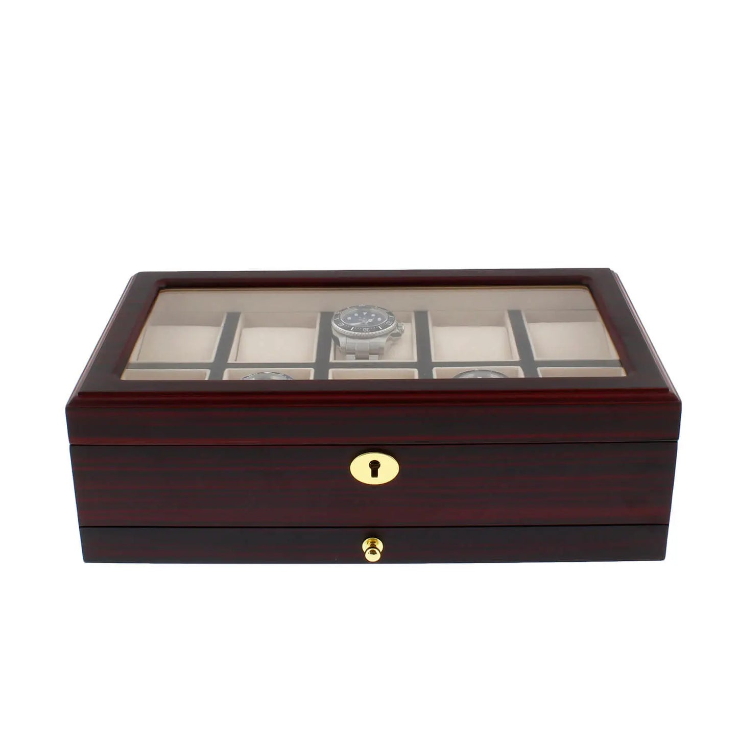 Premium Cherry Wood Satin Finish Watch Box for 10 Watches Extra Storage Drawer