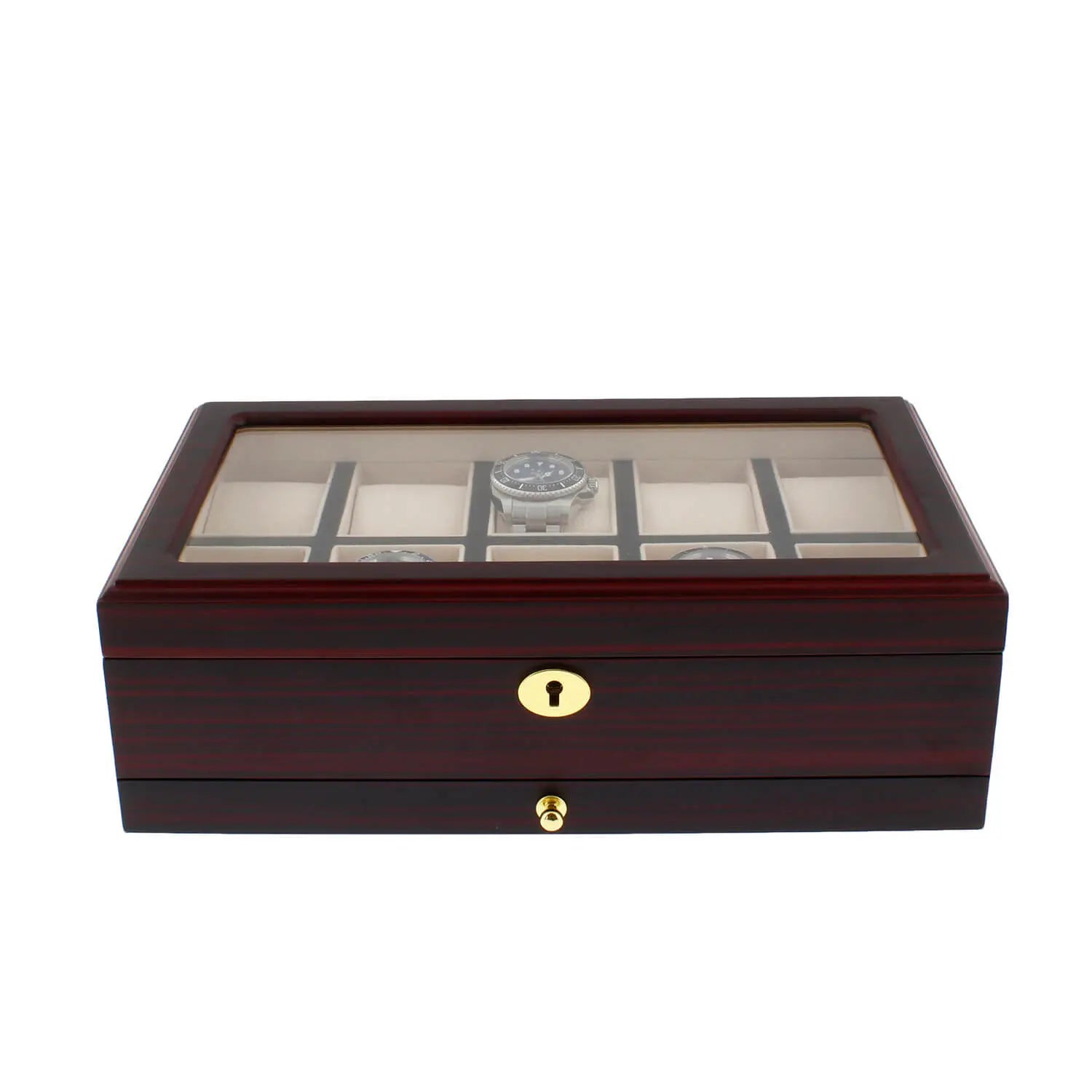 Premium Cherry Wood Satin Finish Watch Box for 10 Watches Extra Storage Drawer