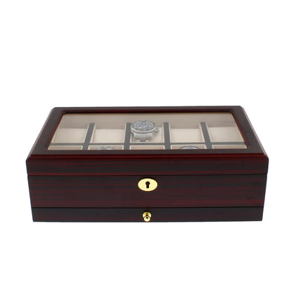 Premium Cherry Wood Satin Finish Watch Box for 10 Watches Extra Storage Drawer