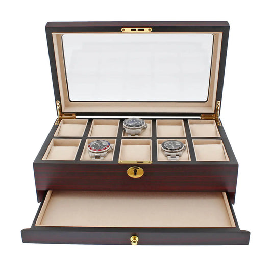 Premium Cherry Wood Satin Finish Watch Box for 10 Watches Extra Storage Drawer