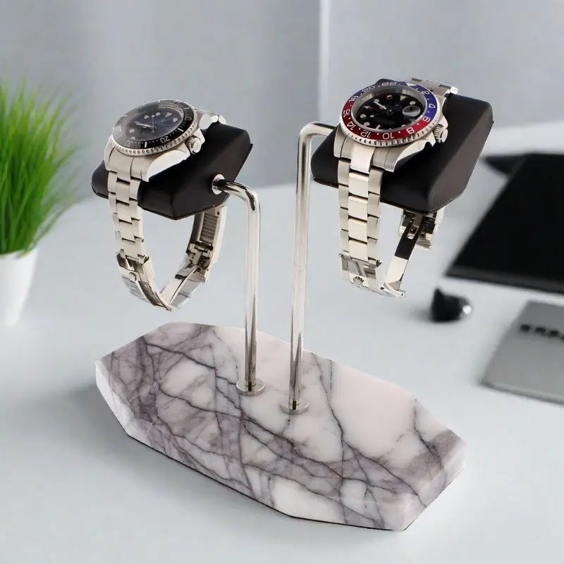 Tempus Double White Marble Watch Stand Dark Violet Veins with Black Leather