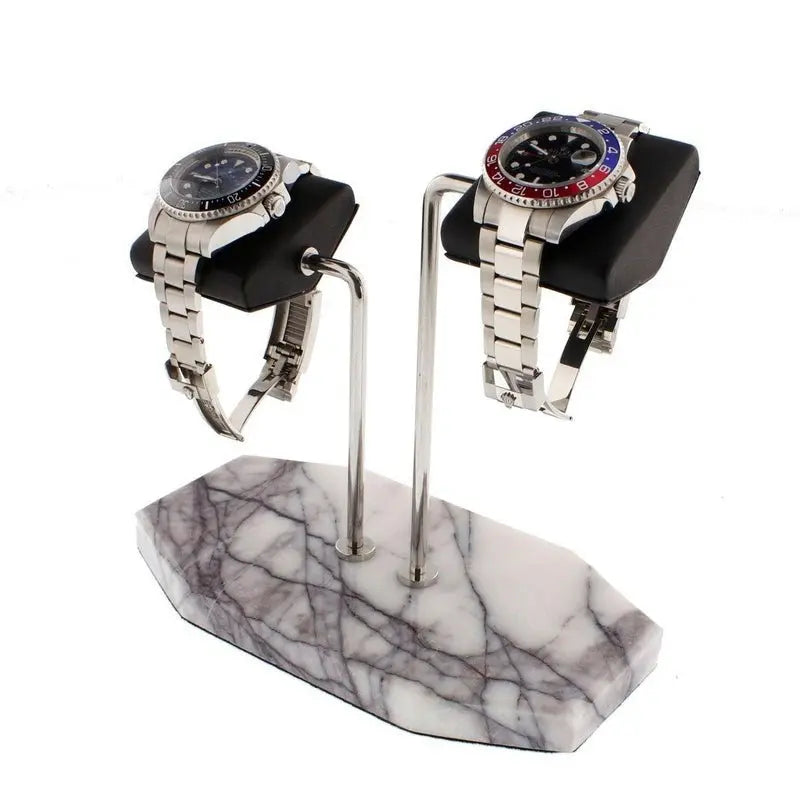 Tempus Double White Marble Watch Stand Dark Violet Veins with Black Leather