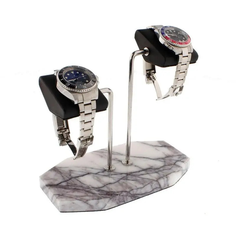 Tempus Double White Marble Watch Stand Dark Violet Veins with Black Leather