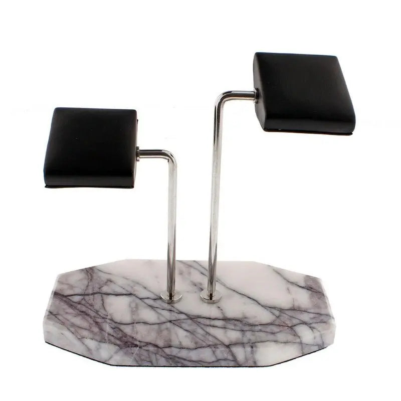 Tempus Double White Marble Watch Stand Dark Violet Veins with Black Leather