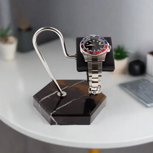 Tempus Watch Stand in Black Marble Brown Veining with Black Leather