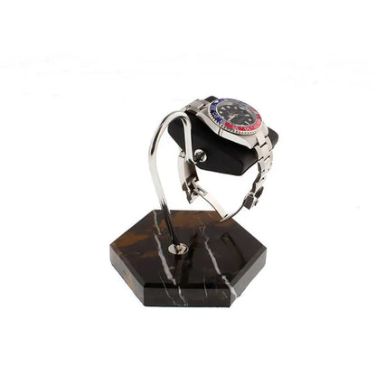 Tempus Watch Stand in Black Marble Brown Veining with Black Leather