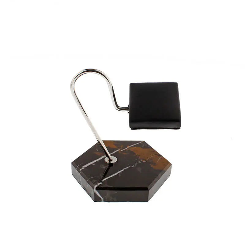 Tempus Watch Stand in Black Marble Brown Veining with Black Leather