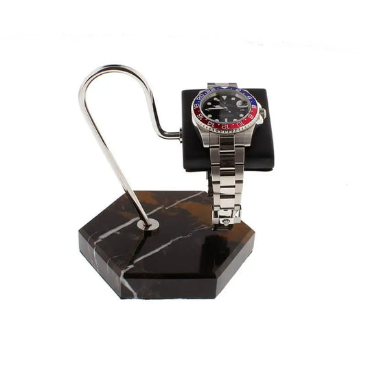 Tempus Watch Stand in Black Marble Brown Veining with Black Leather