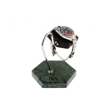 Tempus Watch Stand in Green Marble Hexagon Base with Black Leather