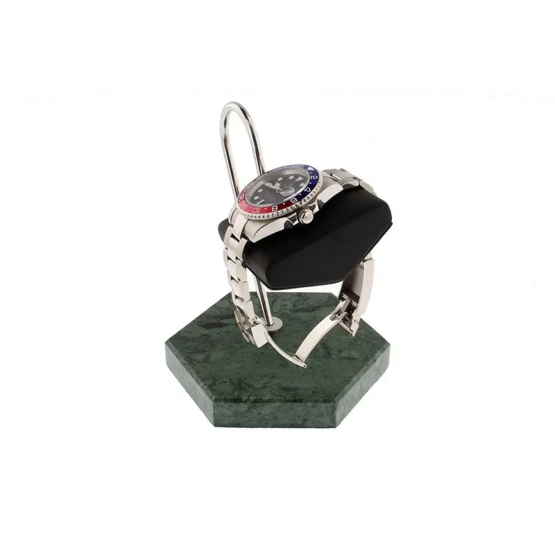 Tempus Watch Stand in Green Marble Hexagon Base with Black Leather