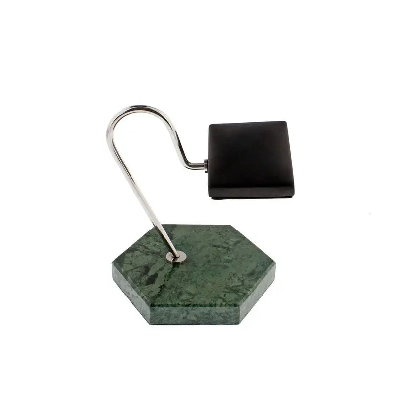 Tempus Watch Stand in Green Marble Hexagon Base with Black Leather