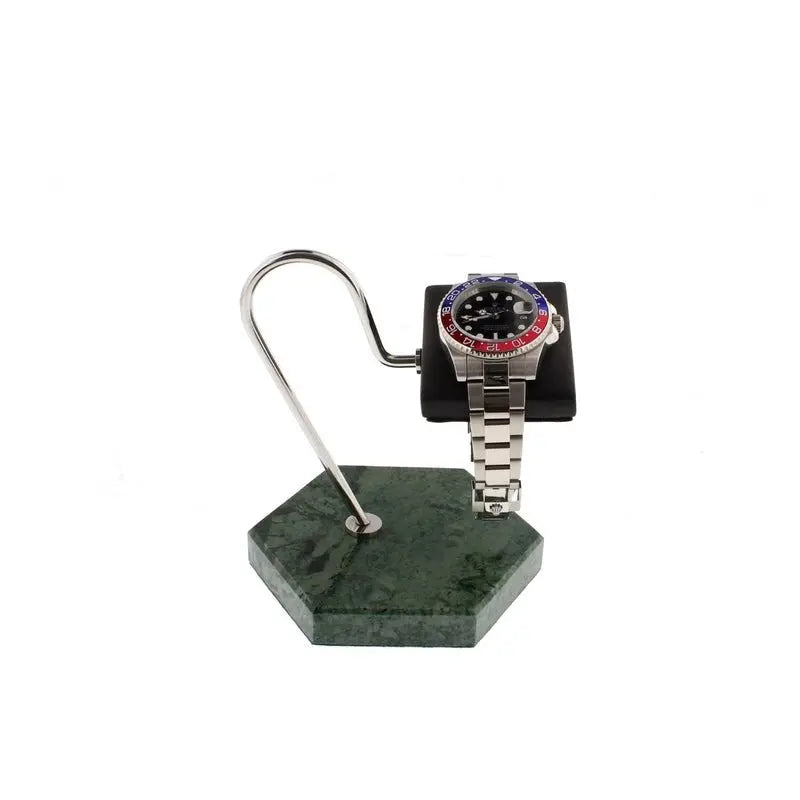 Tempus Watch Stand in Green Marble Hexagon Base with Black Leather