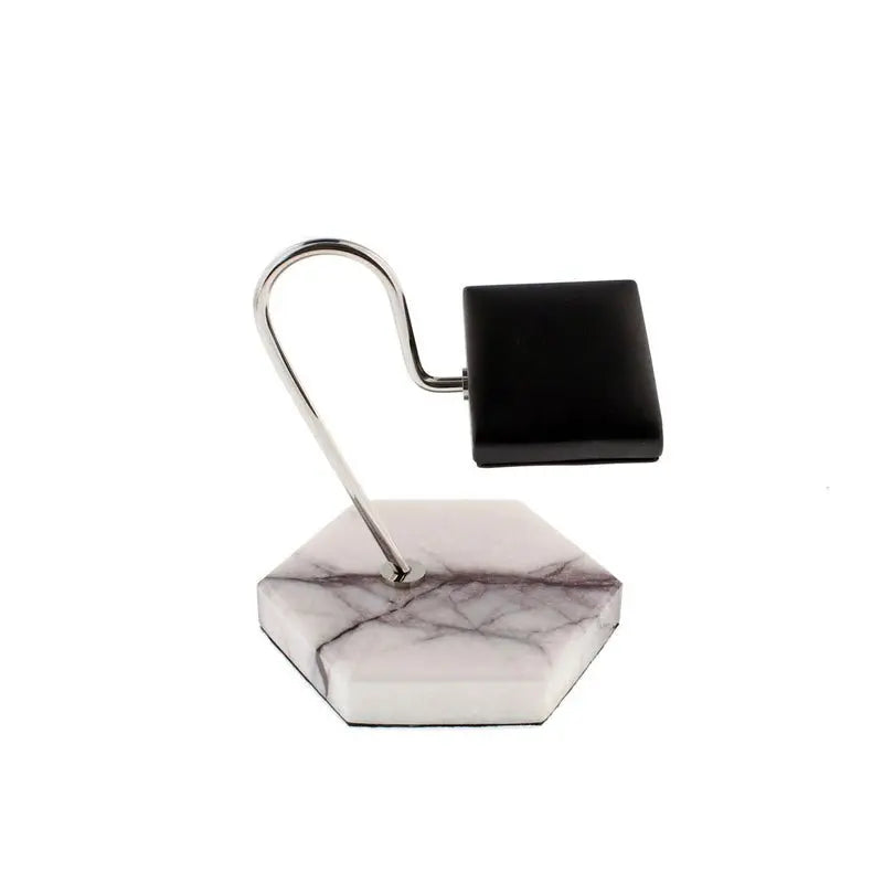 Tempus White Marble Watch Stand Dark Violet Veins with Black Leather