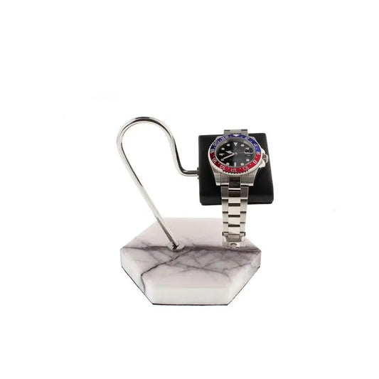 Tempus White Marble Watch Stand Dark Violet Veins with Black Leather