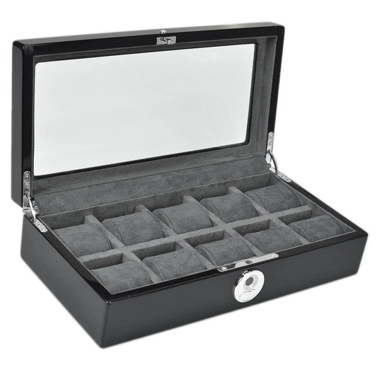 10 Watch Box in Black Piano Finish with BioMetric Lock and Glass Lid