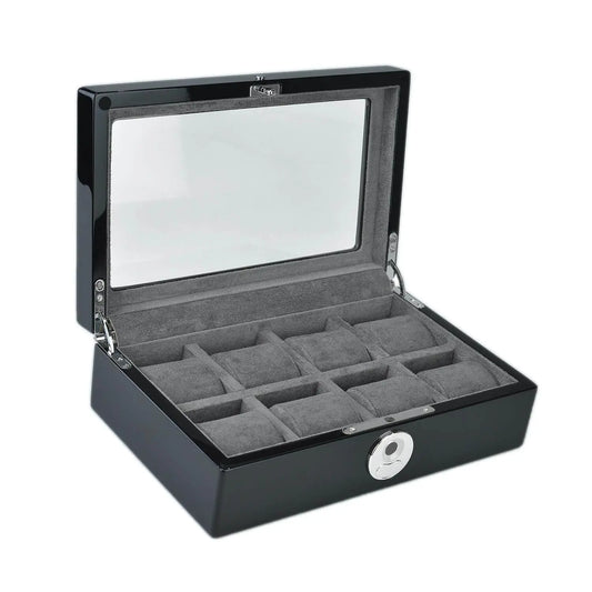 Tempus 8 Watch Box in Black Piano Finish with Bio Metric Lock Glass Lid